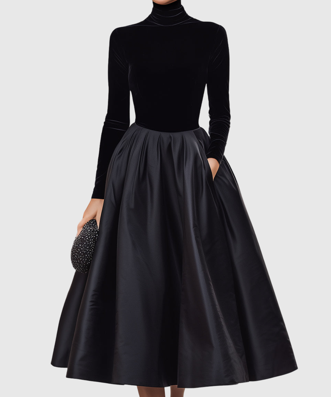 ARADIA | ELEGANT BLACK VELVET AND SATIN MIDI DRESS