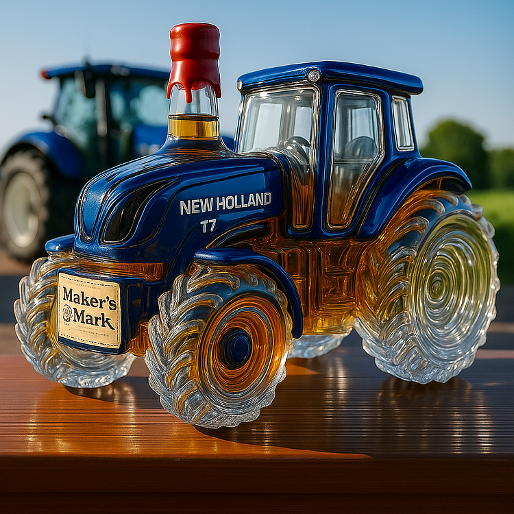 Classic whisky bottle with New Holland T7 tractor design