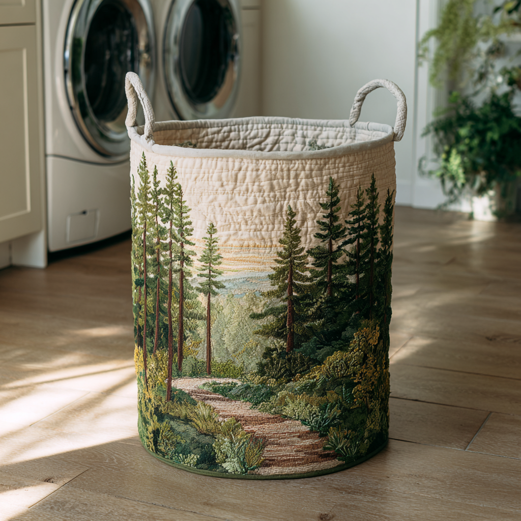 Quilted Laundry Basket with Forest Landscape
