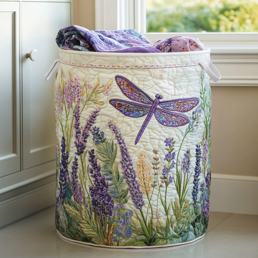 Quilted laundry basket with dragonfly