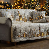 Quilted sofa cover with winter lodge