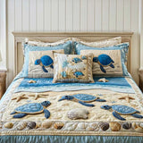 3-Piece Quilted Bedspread Set - Sea Wave Design