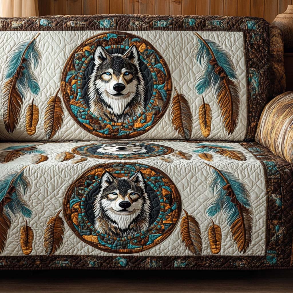 Quilted sofa cover with decorative pattern
