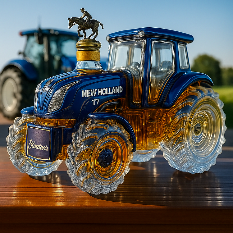 Classic whisky bottle with New Holland T7 tractor design