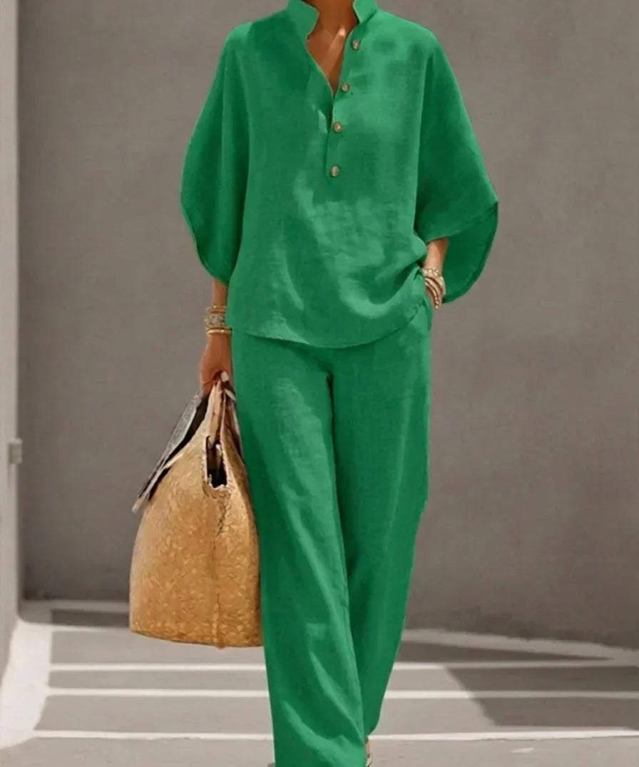 Maribel™ | Linen Batwing Sleeve Set with Wide Leg Trousers