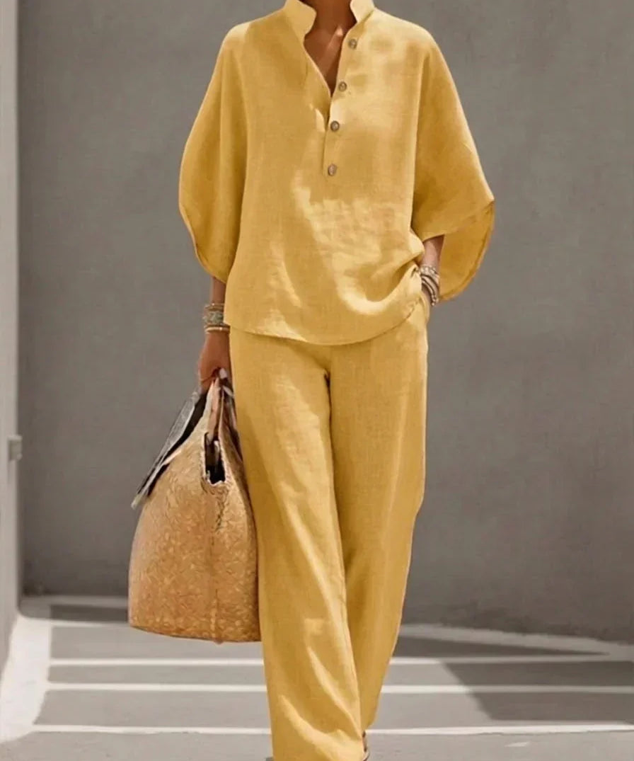 Maribel™ | Linen Batwing Sleeve Set with Wide Leg Trousers