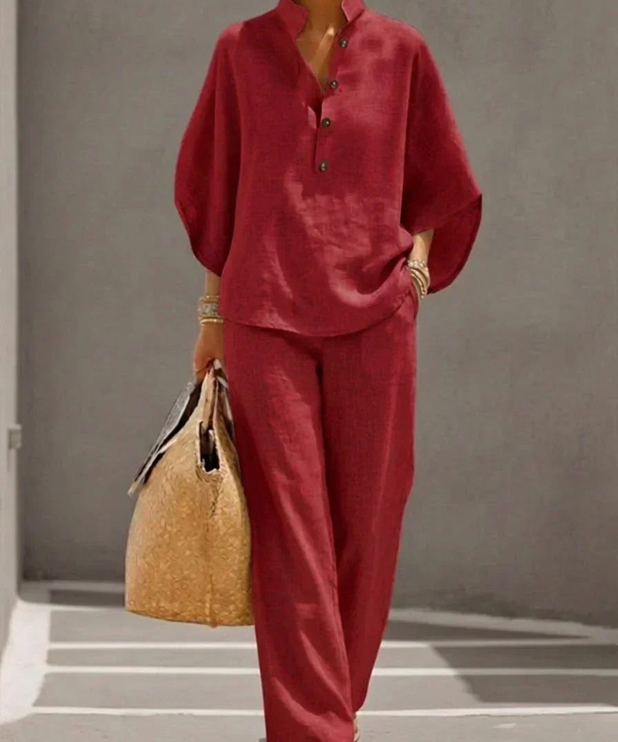 Maribel™ | Linen Batwing Sleeve Set with Wide Leg Trousers