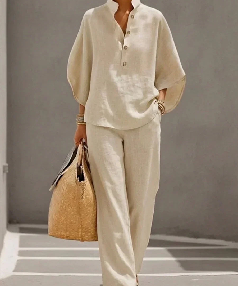 Maribel™ | Linen Batwing Sleeve Set with Wide Leg Trousers