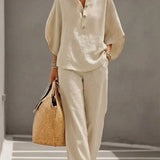 Maribel™ | Linen Batwing Sleeve Set with Wide Leg Trousers