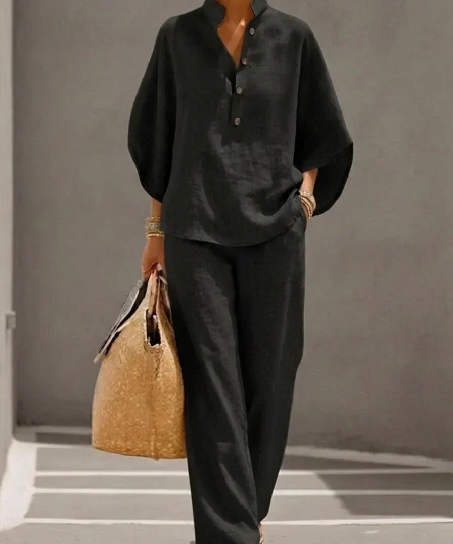 Maribel™ | Linen Batwing Sleeve Set with Wide Leg Trousers